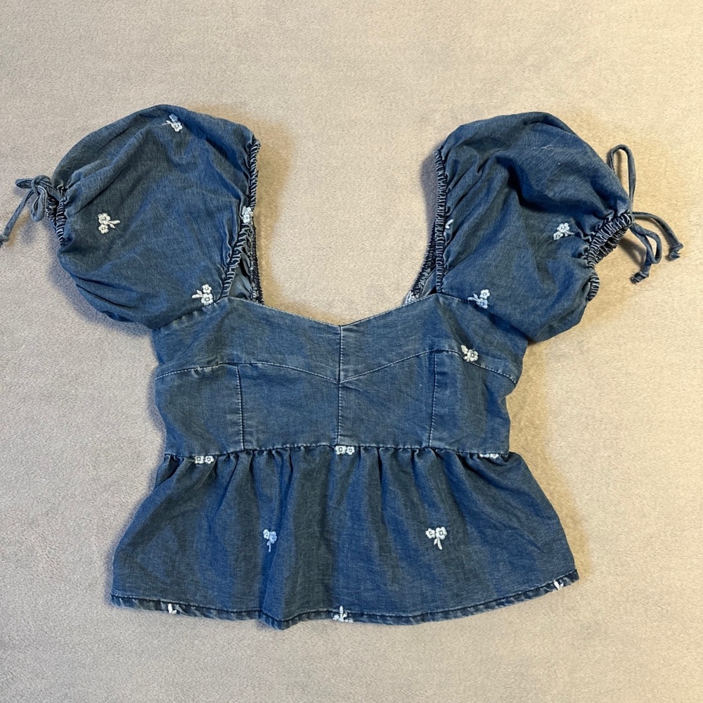 Sim & Sam Denim Puff Sleeve Top Medium Crop Boho Babydoll Western Festival Y2K